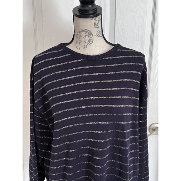 Vintage Saks Fifth Avenue  Navy Blue Metallic Stripes Crewneck Sweater Medium 80 - Picture 3 of 9
